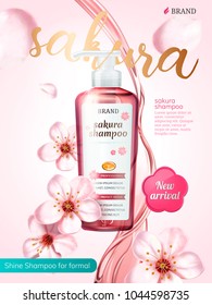 Shampoo product ads, pouring liquid with flying sakura elements in 3d illustration, pink background