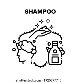 Shampoo Produkt Vektorsymbol Konzept. Menschen, die Shampoo und Waschen Haare und Körper in Dusche. Hygienische Flasche aus Schaumstoff zum Waschkopf, Hygienemaßnahmen und Pflege Schwarzer Illustration