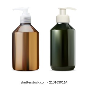 Shampoo pump bottle. Liquid soap bottle mockup. Brown plastic dispenser bottle for liquid cosmetic. Skin moisturizer beauty product realistic tube. Body wash milk packaging illustration