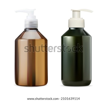 Shampoo pump bottle. Liquid soap bottle mockup. Brown plastic dispenser bottle for liquid cosmetic. Skin moisturizer beauty product realistic tube. Body wash milk packaging illustration