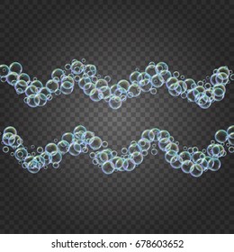 Shampoo rainbow foam in wavy lines with realistic water bubbles on transparent background. Cleaning liquid soap foam for bath and shower. Swimming pool flyer and invite.