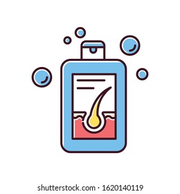 Shampoo RGB color icon. Product to aid hairloss. Apolecia treatment. Hair regrowth. Conditioner to streghten hair root and follicles. Dermatology and hygiene. Isolated vector illustration