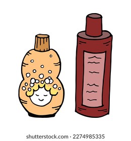 Shampoo and shower gel in bottle. Vector illustration of item for washing. Hygiene element. Objects for icon, illustration, cover, postcards, print, kids game, poster.