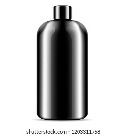 Shampoo shower gel bubble bath cosmetics bottle mockup. Black cosmetic product package illustration. 3d design template. 