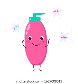 Shampoo, shower gel. Cute cartoon character happy, joyful. Cartoon, comic, animation. Vector graphics. For advertising, children's decor, packaging, brochures