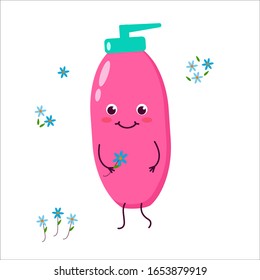 Shampoo, shower gel. Cute cartoon character smiling. Cartoon, comic, animation. Vector graphics. For advertising, children's decor, packaging, brochures.