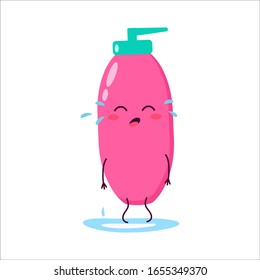 Shampoo, shower gel. Cute cartoon character sad crying. Cartoon, comic, animation. Vector graphics. For advertising, children's decor, packaging, brochures
