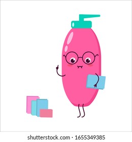 Shampoo, shower gel. Cute cartoon character smart with a book. Cartoon, comic, animation. Vector graphics. For advertising, children's decor, packaging, brochures