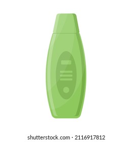 Shampoo or shower gel in green plastic bottle with lid vector flat illustration. Hair and body hygiene beauty care product in container package. Liquid cosmetic spa moisturizing lotion conditioner