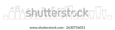 Shampoo and Skincare Bottle Icon Set. Vector Line Silhouettes of Cosmetic Containers, Jars, Tubes and Pumps for Beauty Product Packaging, Lotion Design or Hygiene Illustration.