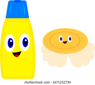 shampoo and soap with foam cartoon characters laughing on a white background concept of hygiene and cosmetics