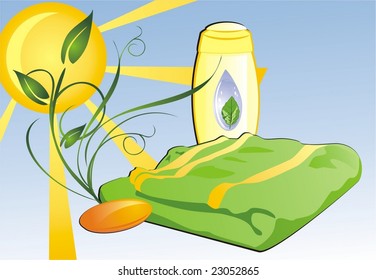 Shampoo, soap and towel. Composition for card. Vector