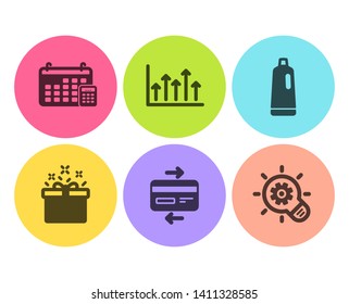 Shampoo, Special offer and Growth chart icons simple set. Calendar, Credit card and Cogwheel signs. Bath cleanser, Delivery box. Flat shampoo icon. Circle button. Vector