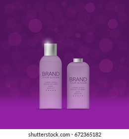 Shampoo and spray bottles over magic background. Cosmetic products