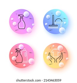 Shampoo and spray, Bucket with mop and Hold t-shirt minimal line icons. 3d spheres or balls buttons. Spray icons. For web, application, printing. Vector