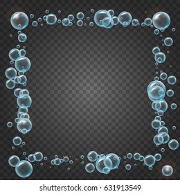 Shampoo square frame of cool water bubbles on transparent background. Cleaning liquid soap foam, shampoo bubbles in bath or shower. For banner, flyer, invitation. Swimming pool, aqua park, diving.