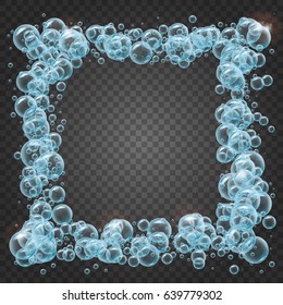 Shampoo square frame of cool water bubbles on transparent background. Cleaning liquid soap foam, shampoo bubbles in bath or shower. For banner, flyer, invitation. Swimming pool, aqua park, diving.