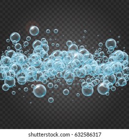 Shampoo stripe of realistic water bubbles on transparent background. Cleaning liquid soap foam, shampoo bubbles in bath or shower. For banner, flyer, invitation. Swimming pool, aqua park, diving.