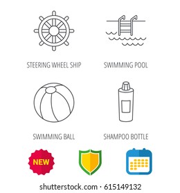 Shampoo, swimming pool and ball icons. Steering wheel linear sign. Shield protection, calendar and new tag web icons. Vector