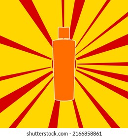 Shampoo symbol on a background of red flash explosion radial lines. The large orange symbol is located in the center of the sun, symbolizing the sunrise. Vector illustration on yellow background