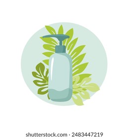 Shampoo with a tropical abstract shape. Skin care concept.