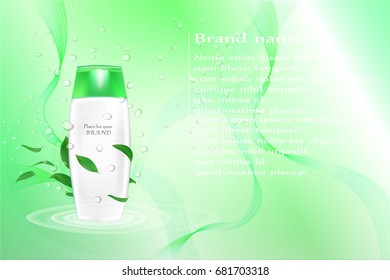 Shampoo vector in green background with drops fresh mint leafs green. Clean your body