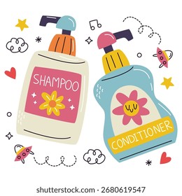 Ilustración vectorial con champú. Diseño minimalista plano. Ilustración editable para el Web, móvil, impresión