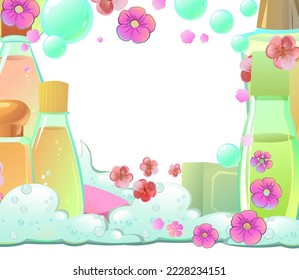 Shampoos and soaps with the scent of flowers. objects with space for text. Detergent for washing body and objects. Foaming hygiene liquid. Isolated on white background. Vector