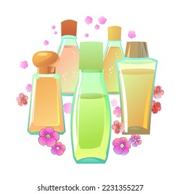 Shampoos and soaps with scent of flowers. picture in form of circle. Detergent for washing body and objects. Foaming hygiene liquid. Isolated on white background. Vector