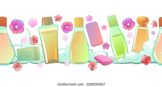 Shampoos and soaps with the scent of flowers. seamless horizontal. Cartoon style. Detergent for washing body and objects. Foaming hygiene liquid. Isolated on white background. Vector.