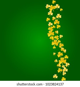 Shamrock background for Saint Patricks Day. Lucky trefoil confetti. Glitter frame of clover leaves.	 Template for poster, gift certificate, banner. Holiday shamrock background.