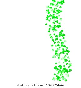 Shamrock background for Saint Patricks Day. Lucky trefoil confetti. Glitter frame of clover leaves.	 Template for poster, gift certificate, banner. Holiday shamrock background.