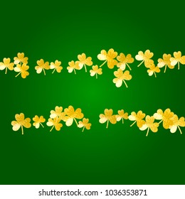 Shamrock background for Saint Patricks Day. Lucky trefoil confetti. Glitter frame of clover leaves.	 Template for voucher, special business ad, banner. Happy shamrock background.