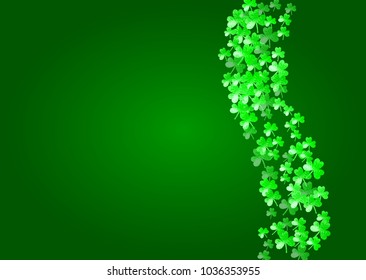 Shamrock background for Saint Patricks Day.  Lucky trefoil confetti. Glitter frame of clover leaves. Template for voucher, special business ad, banner. Festal shamrock background.