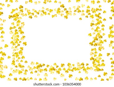 Shamrock background for Saint Patricks Day.  Lucky trefoil confetti. Glitter frame of clover leaves. Template for voucher, special business ad, banner. Dublin shamrock background.