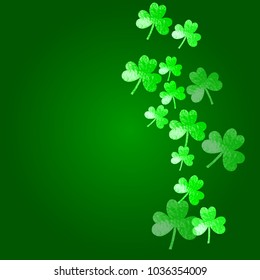 Shamrock background for Saint Patricks Day. Lucky trefoil confetti. Glitter frame of clover leaves.	 Template for poster, gift certificate, banner. Dublin shamrock background.