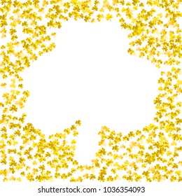 Shamrock background for Saint Patricks Day. Lucky trefoil confetti. Glitter frame of clover leaves.	 Template for poster, gift certificate, banner. Irish shamrock background.