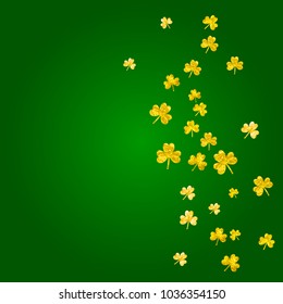 Shamrock background for Saint Patricks Day. Lucky trefoil confetti. Glitter frame of clover leaves.	 Template for voucher, special business ad, banner. Irish shamrock background.