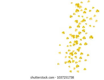 Shamrock background for Saint Patricks Day.  Lucky trefoil confetti. Glitter frame of clover leaves. Template for special business offer, banner, flyer. Holiday shamrock background.