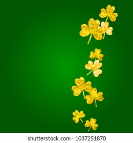 Shamrock background for Saint Patricks Day. Lucky trefoil confetti. Glitter frame of clover leaves.	 Template for voucher, special business ad, banner. Greeting shamrock background.