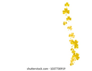 Shamrock background for Saint Patricks Day.  Lucky trefoil confetti. Glitter frame of clover leaves. Template for voucher, special business ad, banner. Greeting shamrock background.