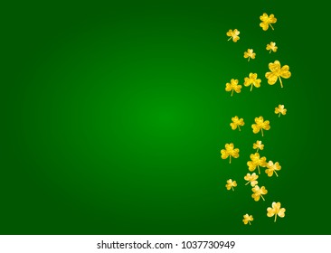 Shamrock background for Saint Patricks Day.  Lucky trefoil confetti. Glitter frame of clover leaves. Template for voucher, special business ad, banner. Greeting shamrock background.