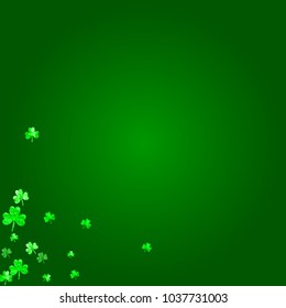 Shamrock background for Saint Patricks Day. Lucky trefoil confetti. Glitter frame of clover leaves.	 Template for gift coupons, vouchers, ads, events. Celtic shamrock background.