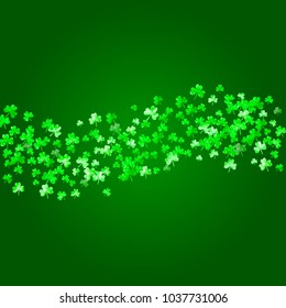 Shamrock background for Saint Patricks Day. Lucky trefoil confetti. Glitter frame of clover leaves.	 Template for special business offer, banner, flyer. Happy shamrock background.