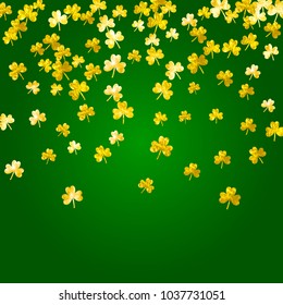 Shamrock background for Saint Patricks Day. Lucky trefoil confetti. Glitter frame of clover leaves.	 Template for special business offer, banner, flyer. Dublin shamrock background.