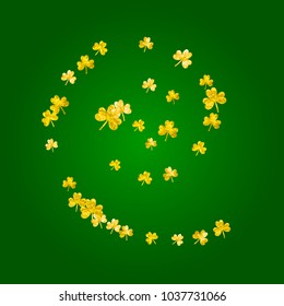 Shamrock background for Saint Patricks Day. Lucky trefoil confetti. Glitter frame of clover leaves.	 Template for poster, gift certificate, banner. Irish shamrock background.