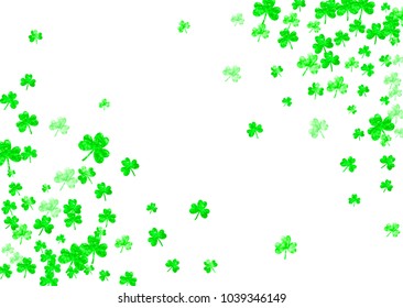 Shamrock background for Saint Patricks Day.  Lucky trefoil confetti. Glitter frame of clover leaves. Template for flyer, special business offer, promo. Festal shamrock background.