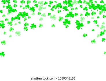 Shamrock background for Saint Patricks Day.  Lucky trefoil confetti. Glitter frame of clover leaves. Template for poster, gift certificate, banner. Irish shamrock background.