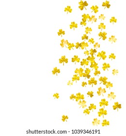 Shamrock background for Saint Patricks Day. Lucky trefoil confetti. Glitter frame of clover leaves.	 Template for voucher, special business ad, banner. Festal shamrock background.
