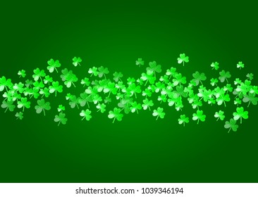 Shamrock background for Saint Patricks Day.  Lucky trefoil confetti. Glitter frame of clover leaves. Template for party invite, retail offer and ad. Dublin shamrock background.